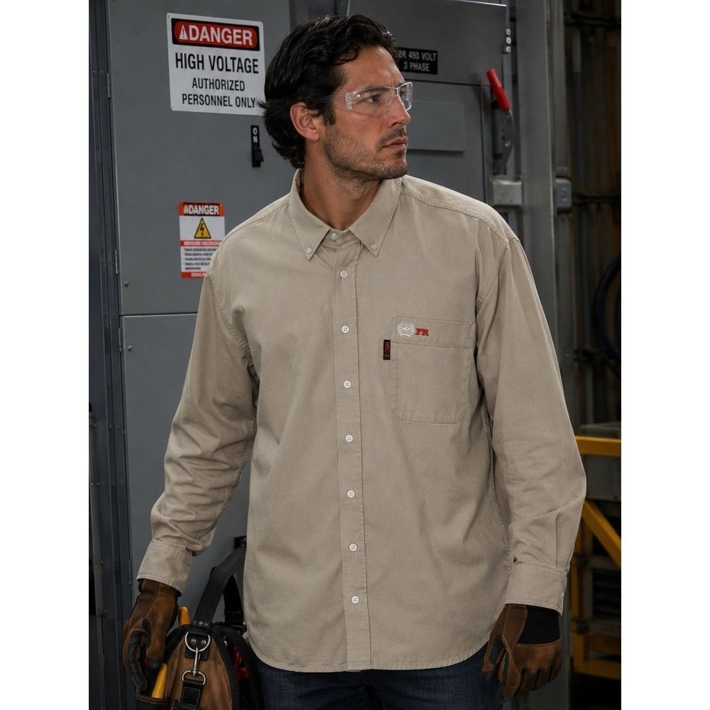 Cinch WRX FR Shirt Men's XL Beige Twill Long Sleeve Button Up HRC- 2 Workwear